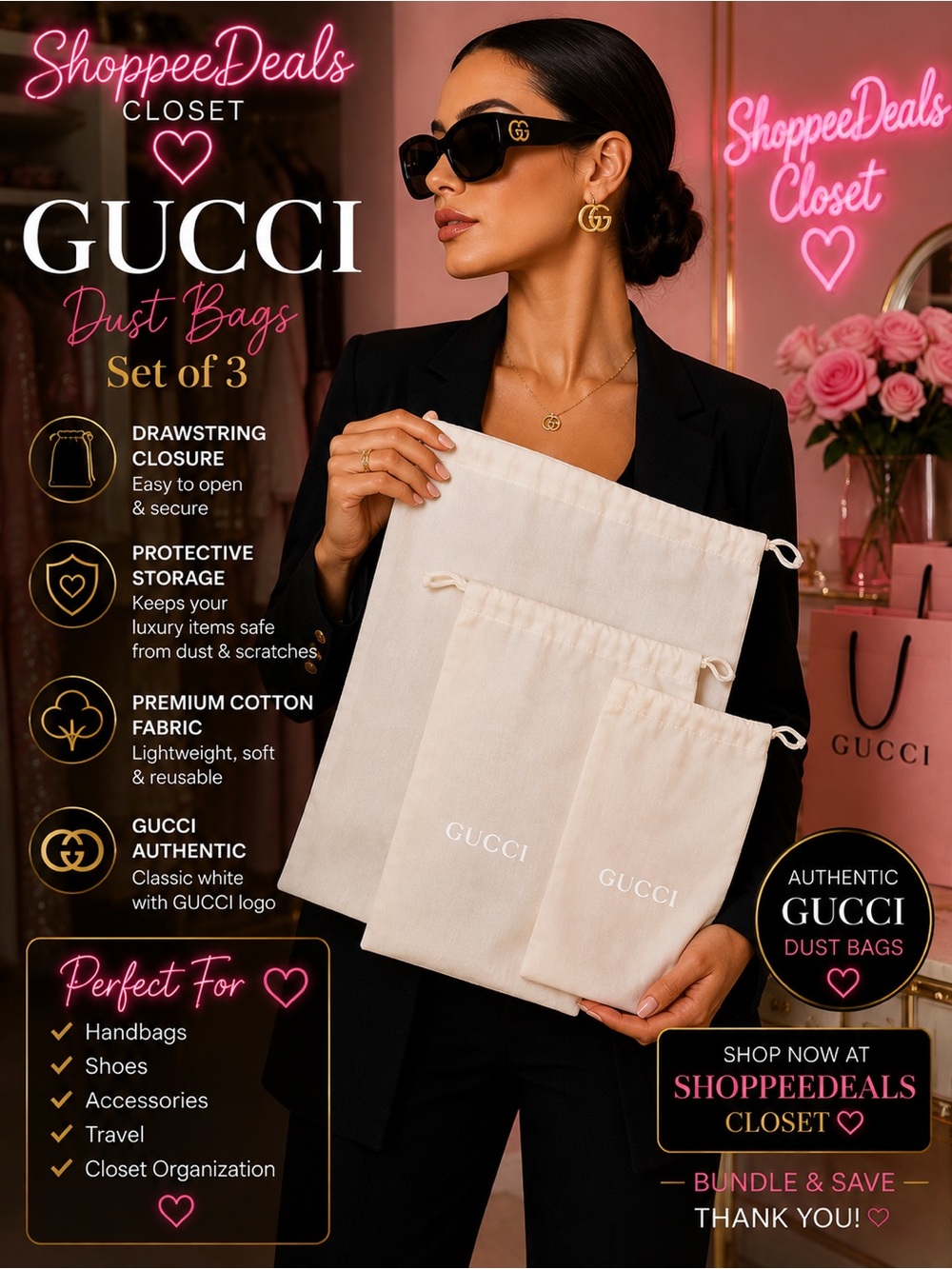 Gucci Authentic White Cotton Drawstring Dust Bags Storage Pouches Lot of 3